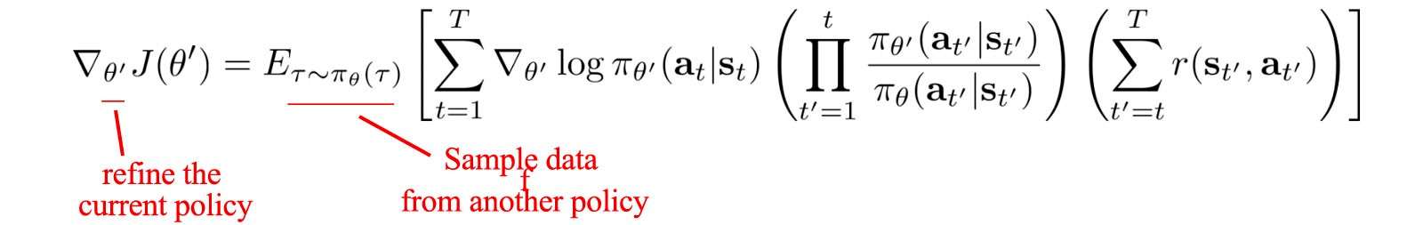 Gradient of performance (Policy Gradient) in terms of Importance Sampling ratio